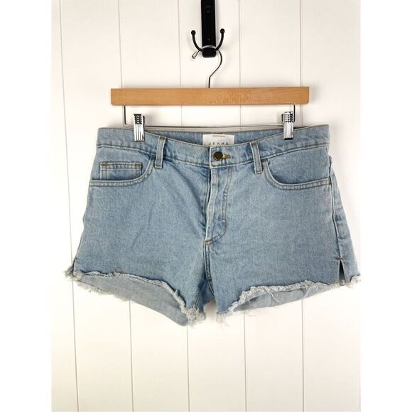 American Apparel Womens Jean Shorts 28 Light Wash Mid Rise Distressed Button Fly - Picture 1 of 12